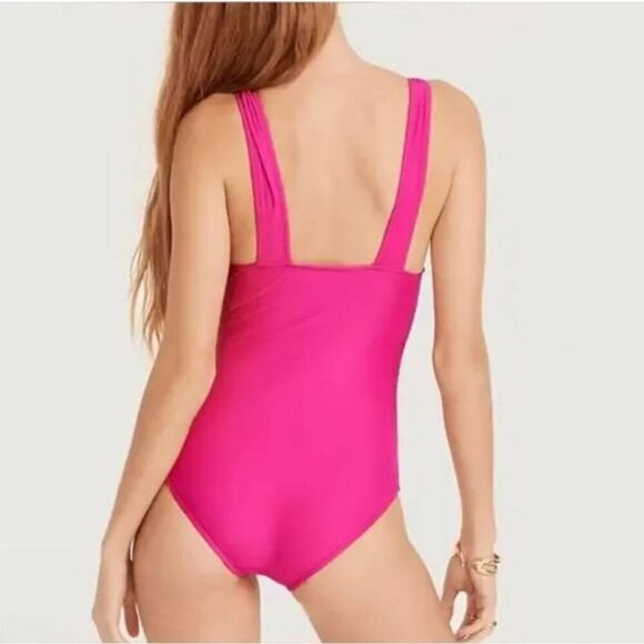 J. Crew NWT Ruched V Neck One Piece Swimsuit Fuchsia Pink J.Crew BC116 Size 4 - Picture 3 of 4